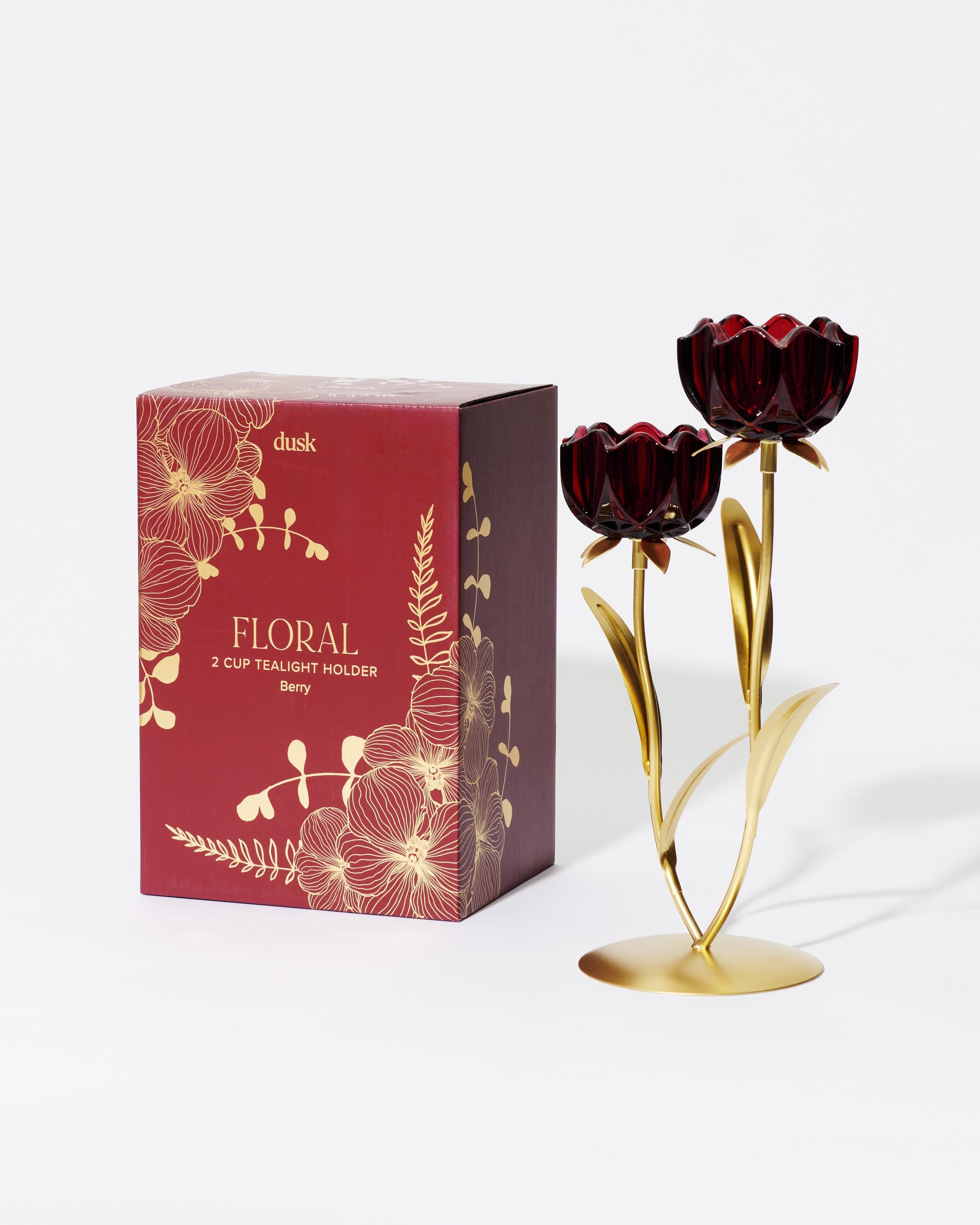 Floral 2 Cup Tealight Holder Berry